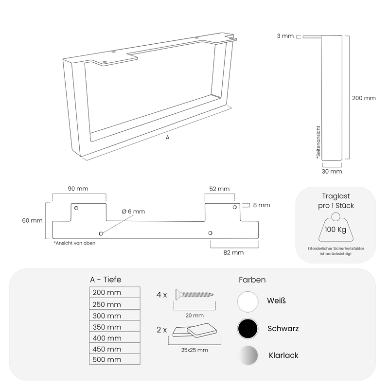 Möbelfüße GRAZ - 20 cm hoch - 7 Größen - 3 Farben
