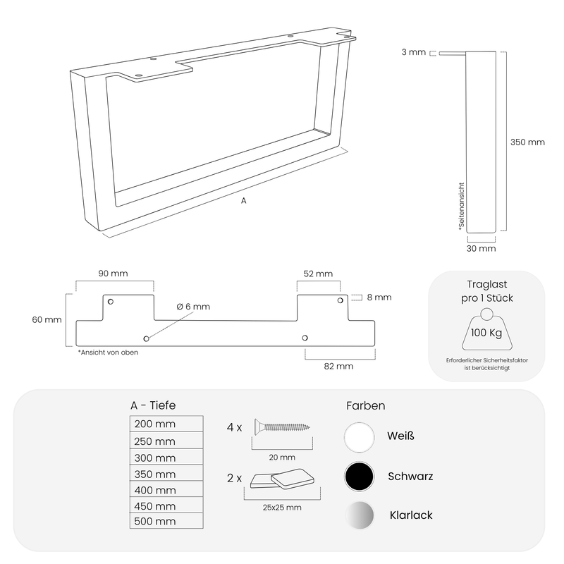 Möbelfüße GRAZ - 35 cm hoch - 7 Größen - 2 Farben