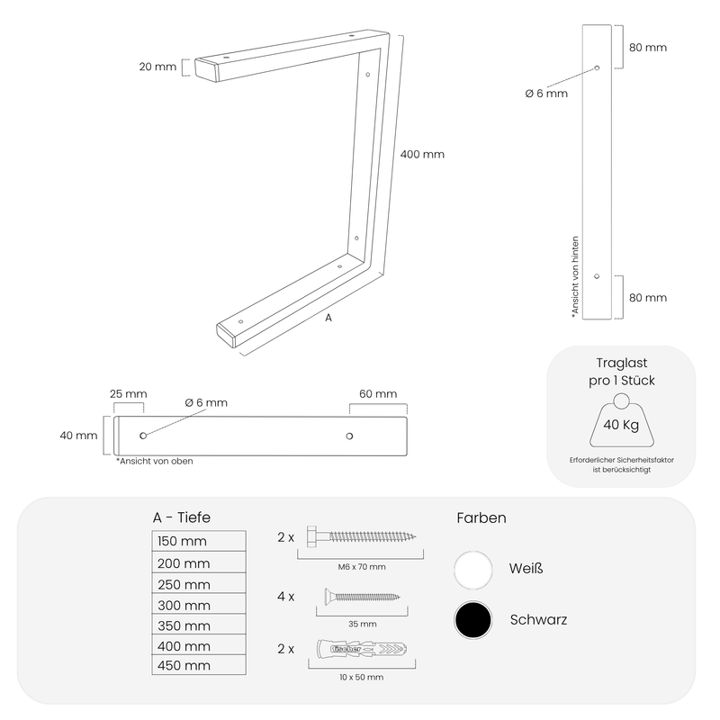 Waschtischhalterung LAHN - 40 cm hoch - 6 Größen - 2 Farben