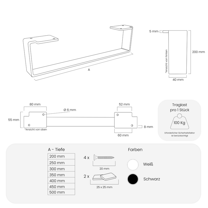 Möbelfüße - 20 cm hoch - LUXEMBURG - 7 Größen - 2 Farben