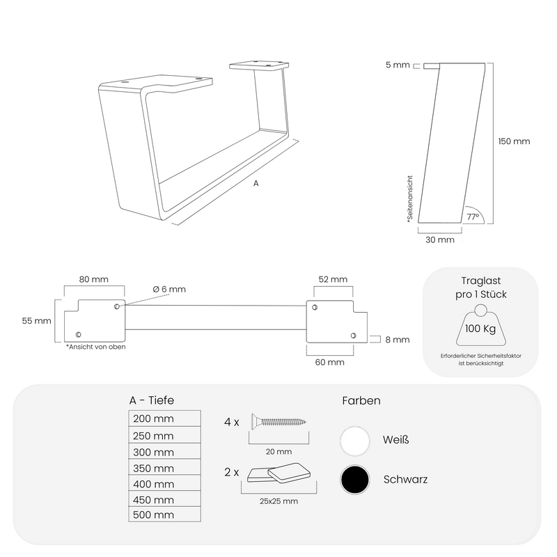 Möbelfüße - 15 cm hoch - MAILAND - 7 Größen - 2 Farben