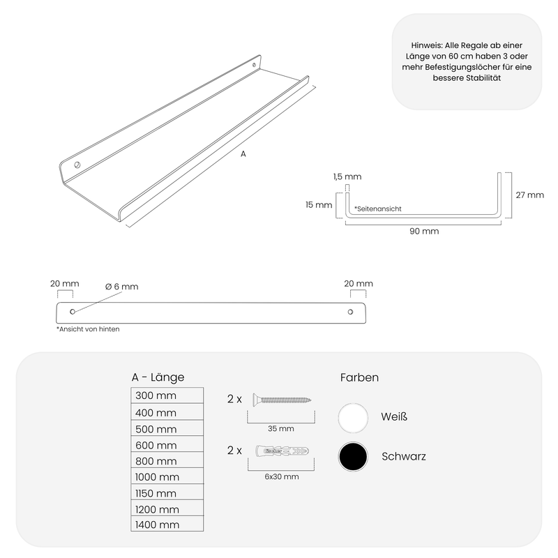 Regalleiste MARSEILLE - 9 Größen - 2 Farben