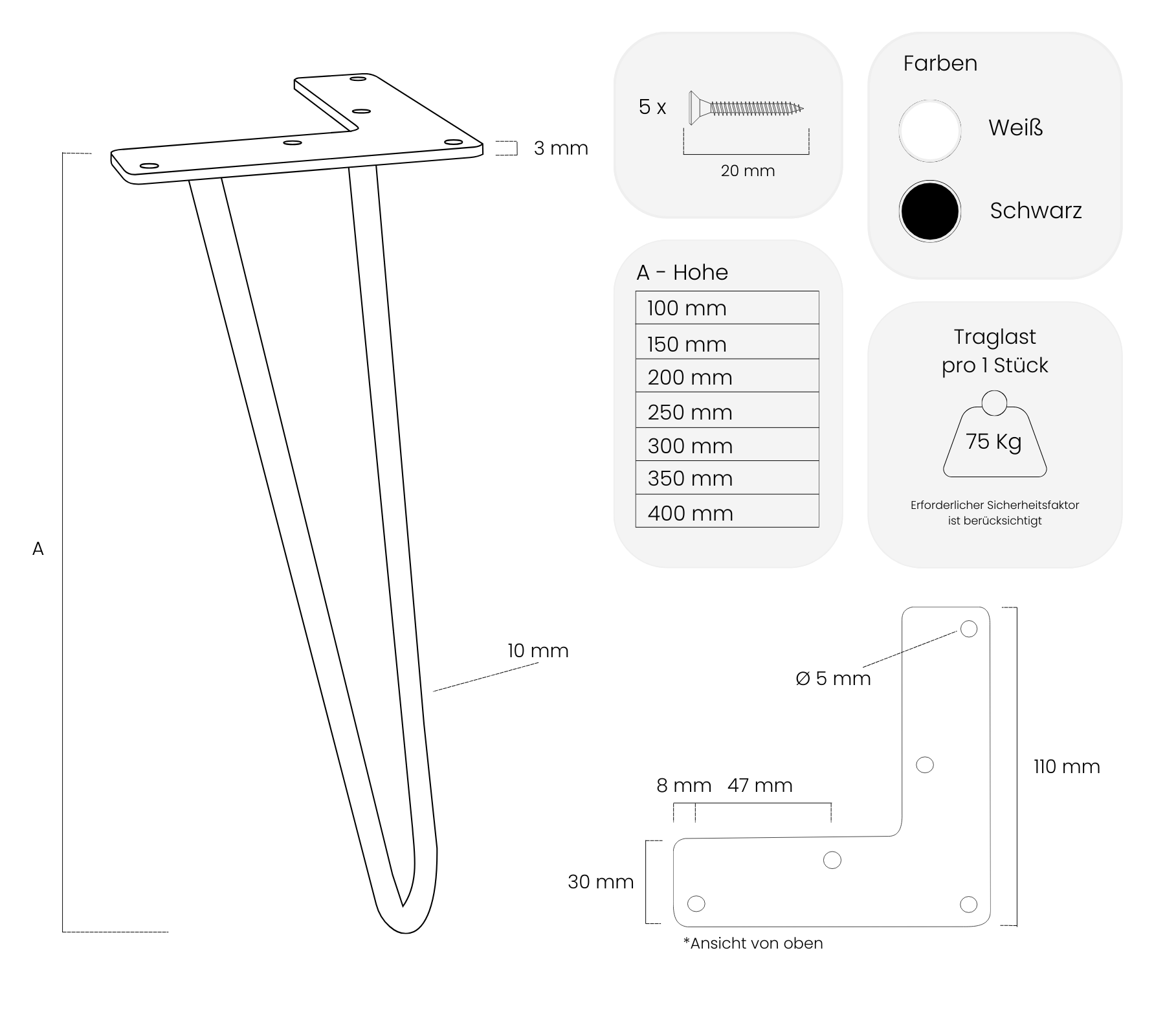 Furniture feet NEAPEL - 7 sizes - 2 colors