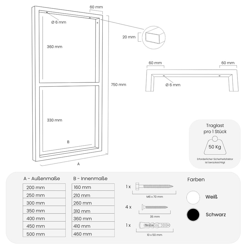 Waschtisch Gestell NECKAR - 75 cm hoch - 6 Größen - 2 Farben