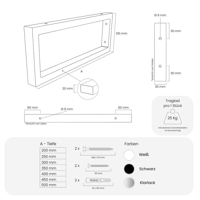 Waschtischhalterung RHEIN - 10 cm Höhe - 7 Größen - 3 Farben