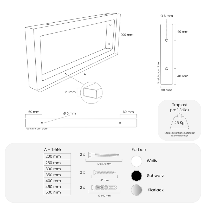 Waschtischhalterung RHEIN - 20 cm Höhe - 7 Größen - 2 Farben